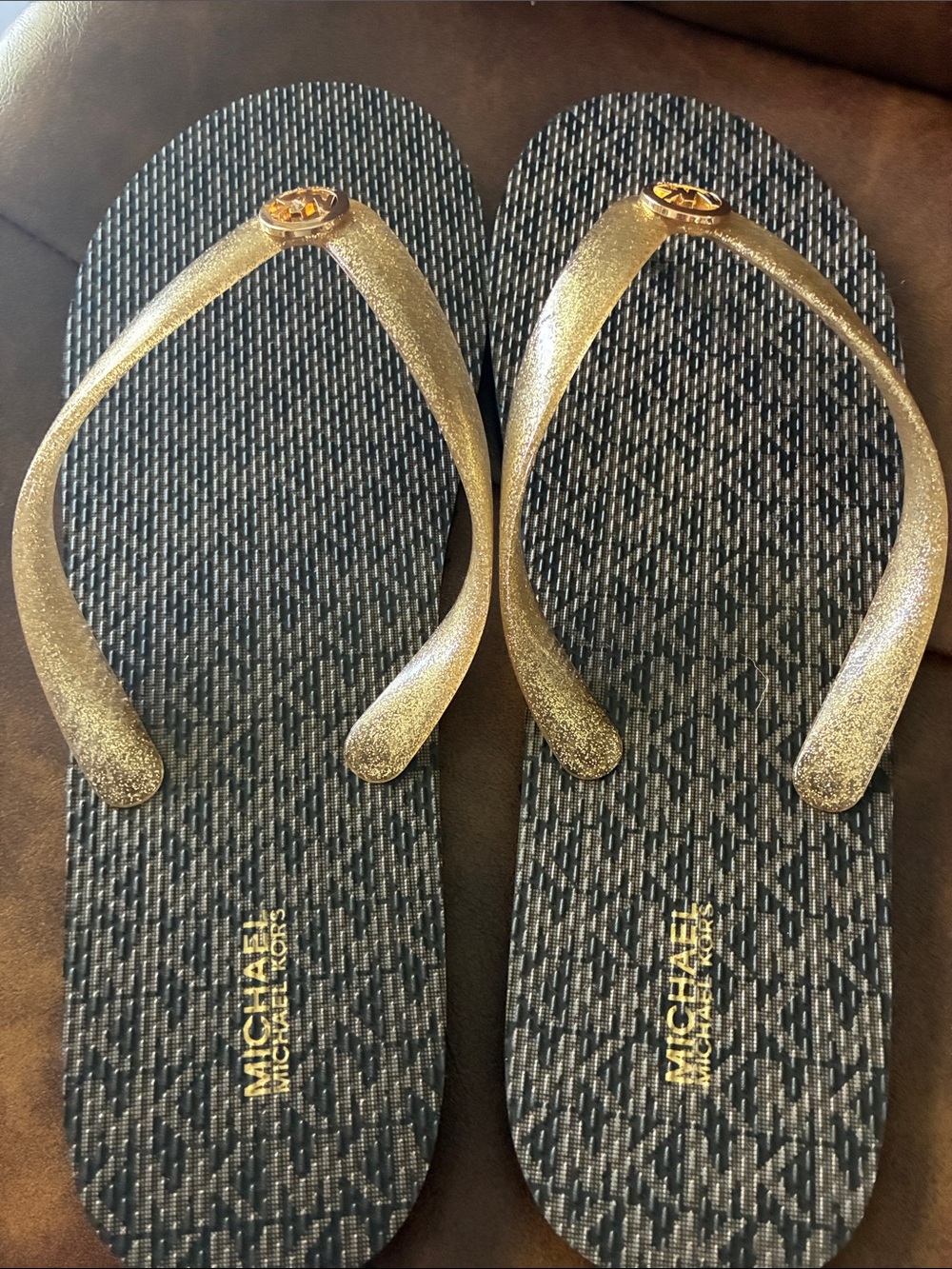Michael Kors Glitter Gold Strap Black Patterned Footbed Sandals